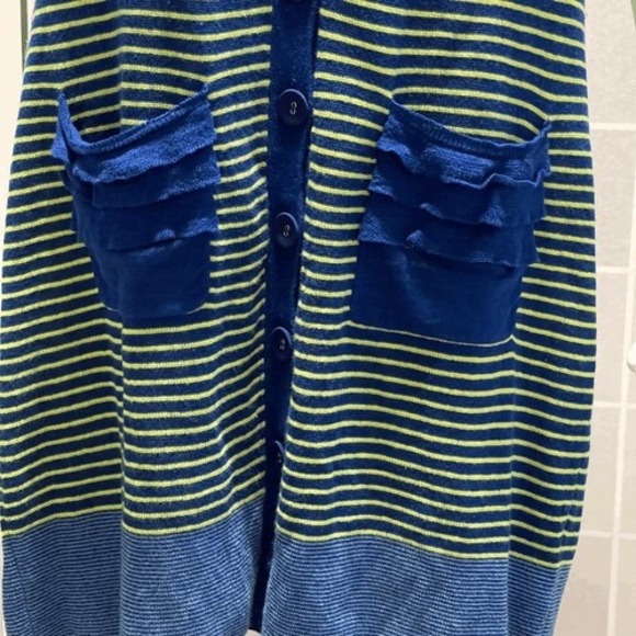 Nanette Lepore Heartbeat Blue Yellow Striped Linen Blend Dress Ruffle Pockets S‎ - Picture 2 of 10